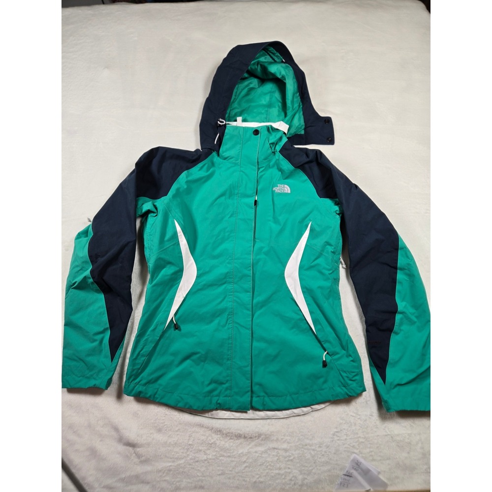 The North Face HyVent Rain Jacket Womens Medium Teal Navy Blue Hooded Shell